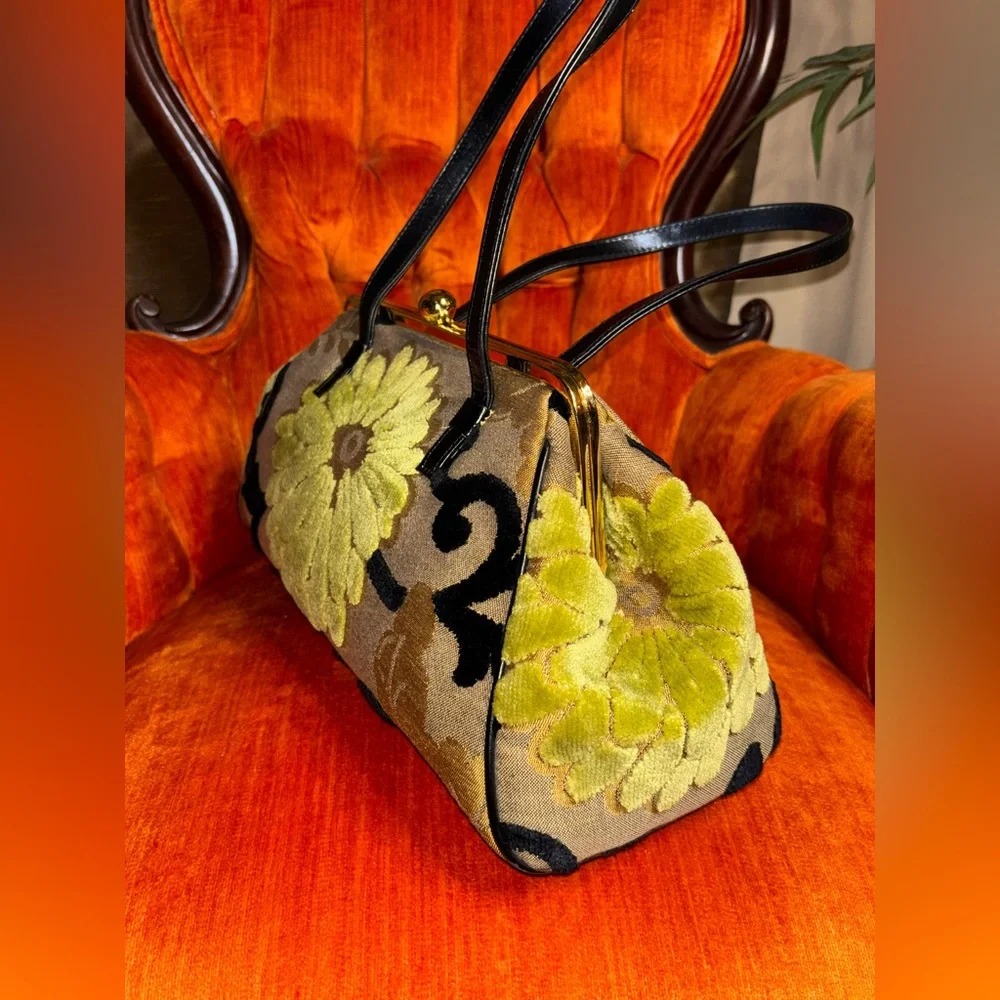 Glenda Gies Vintage Green Black Lime  Hand Bag Gold hardware & leather strap - Picture 8 of 14